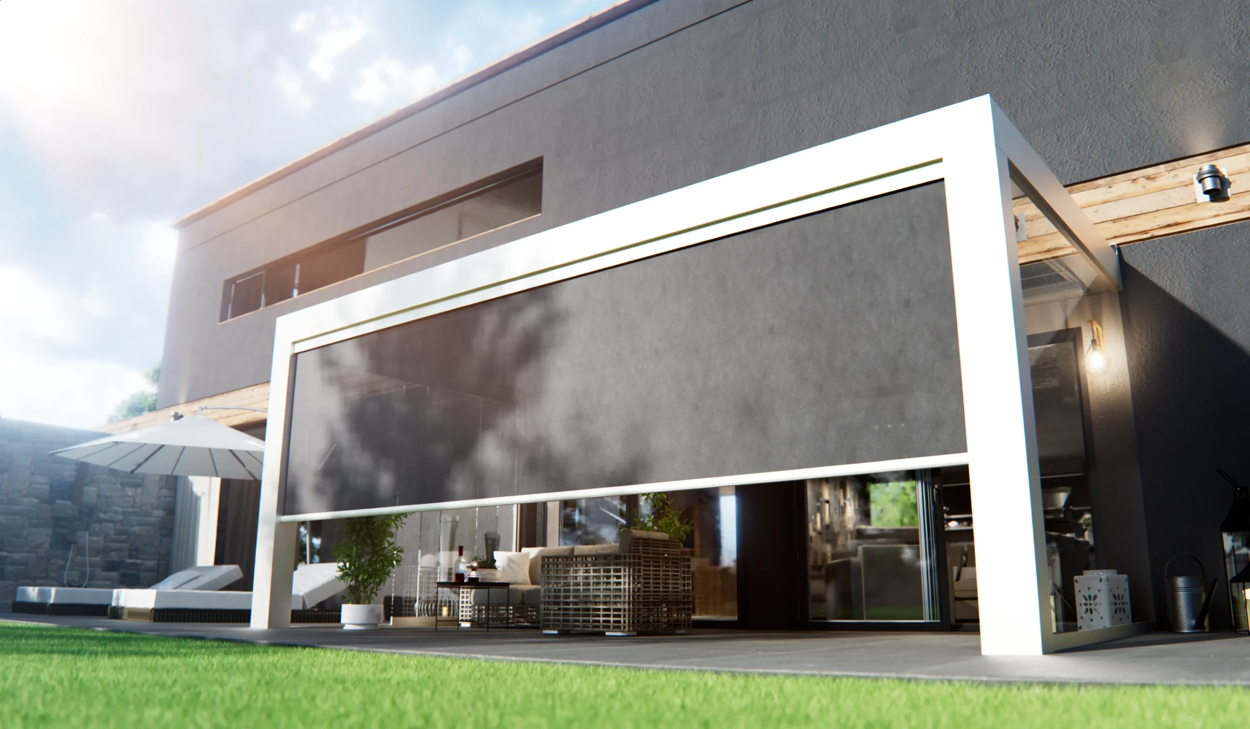 Cubo Line zwarte screen en witte veranda aan woning bevestigd