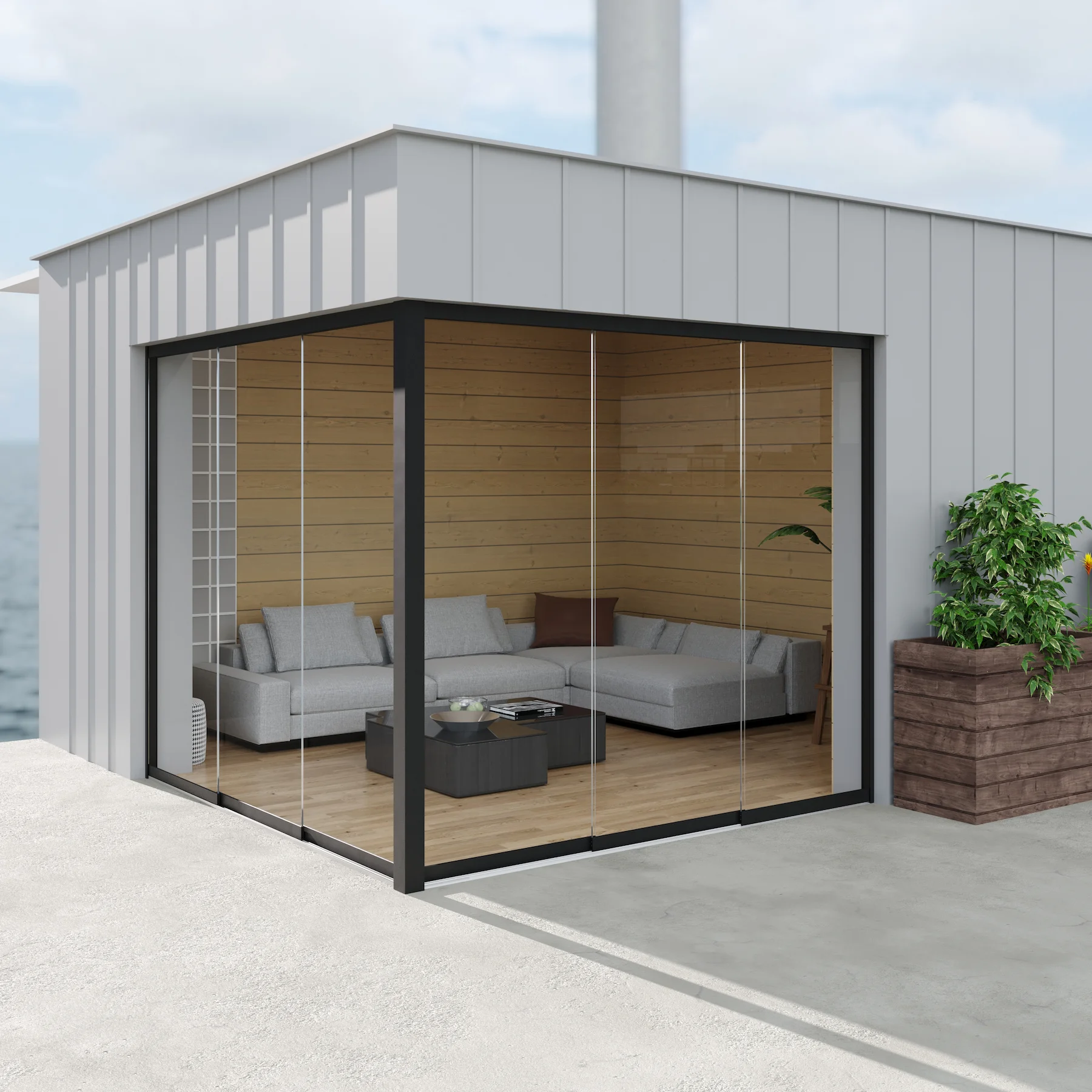 3 spoor zwart met zwarte schuifwand en glazen deuren.