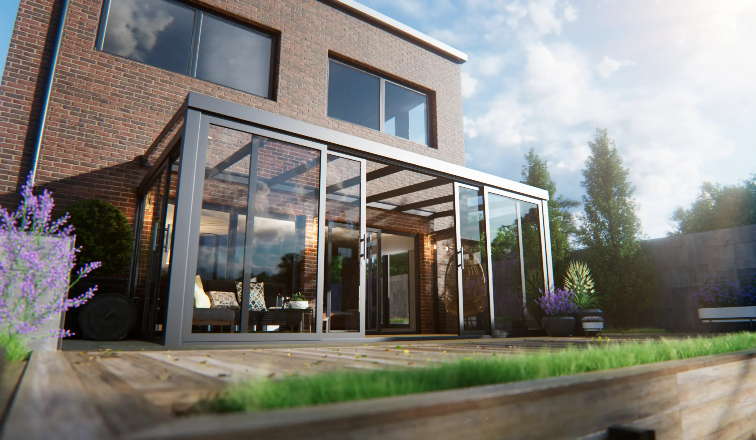 Schuifpui zij aanzicht zwart met meubels en bevestig aan woning