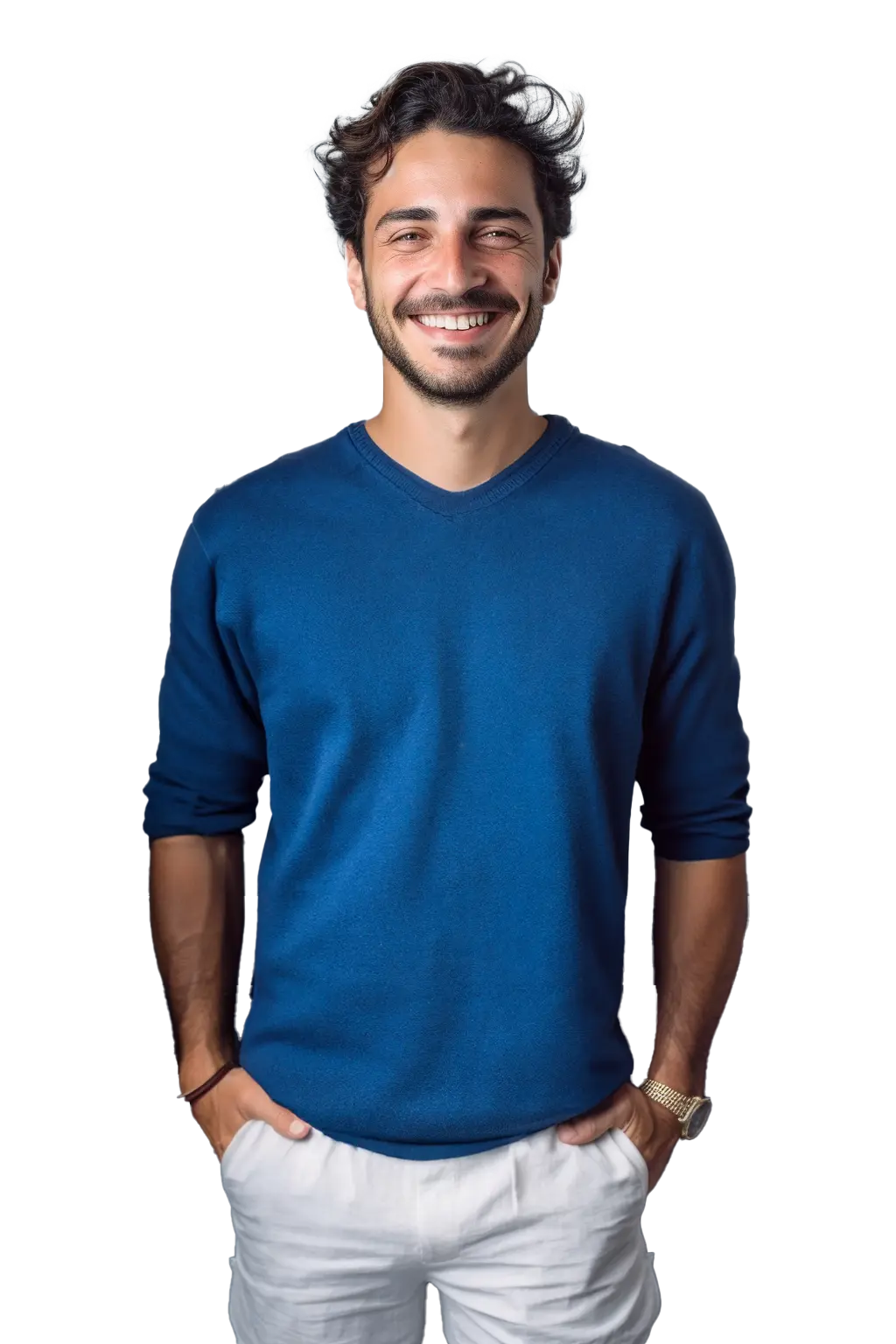 Meneer met zwart haar en blauwe sweater met witte broek